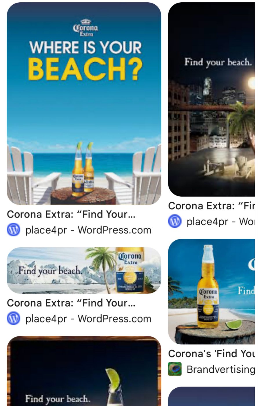 Upper portion of a screenshot showing Corona beer advertising examples and Find Your Beach imagery.