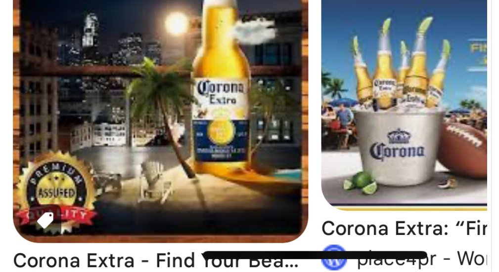 Lower portion of the Corona advertising screenshot, including bottles and beach-themed promotional images.