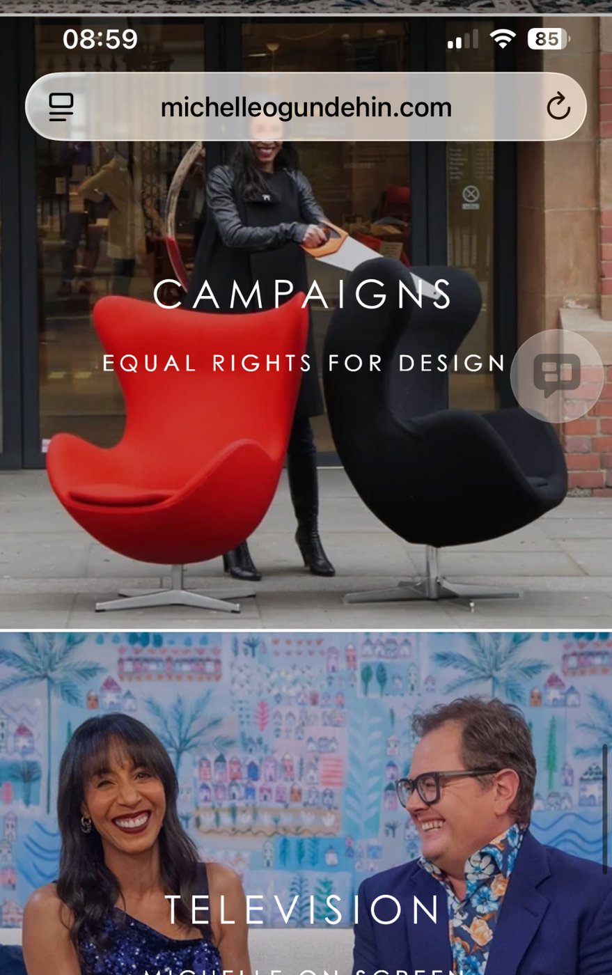 Upper portion of a screenshot of Michelle Ogundehin’s website, showing campaigns and television sections.