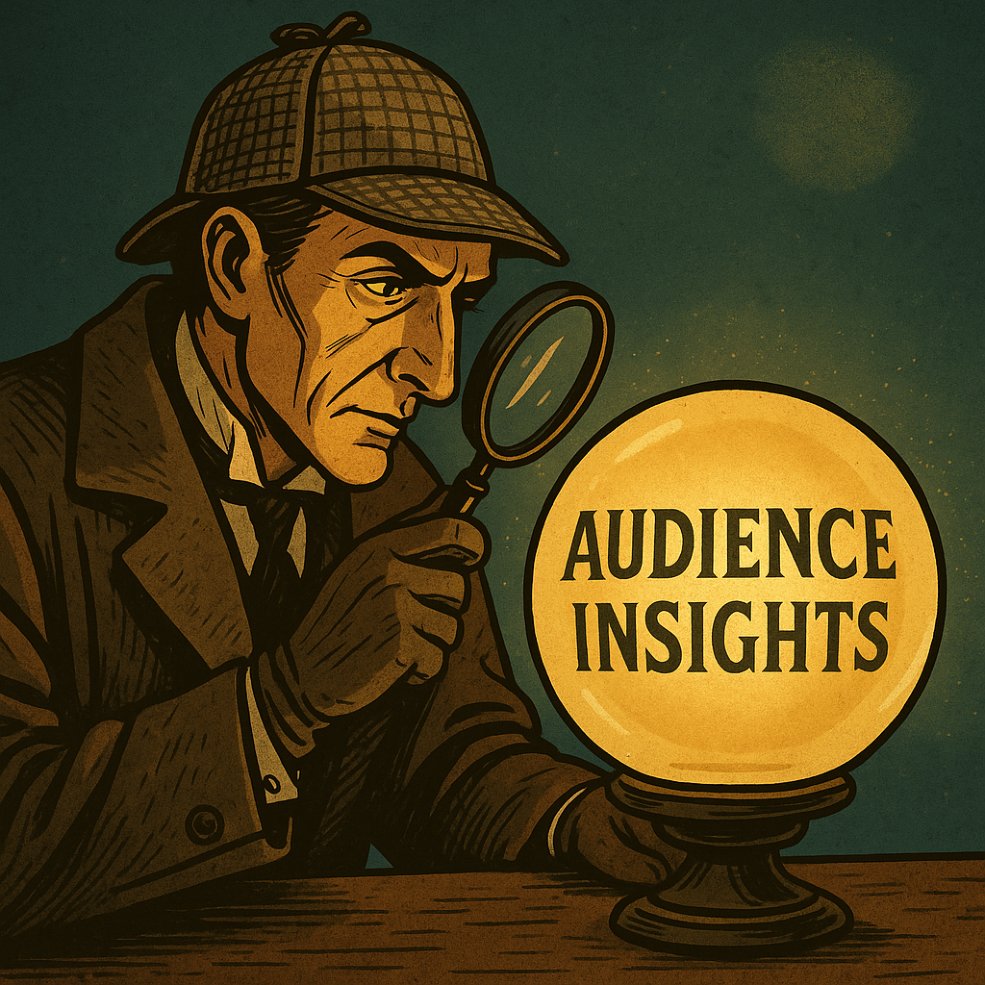 Detective-style illustration of Sherlock Holmes looking through a magnifying glass labelled Audience Insights.