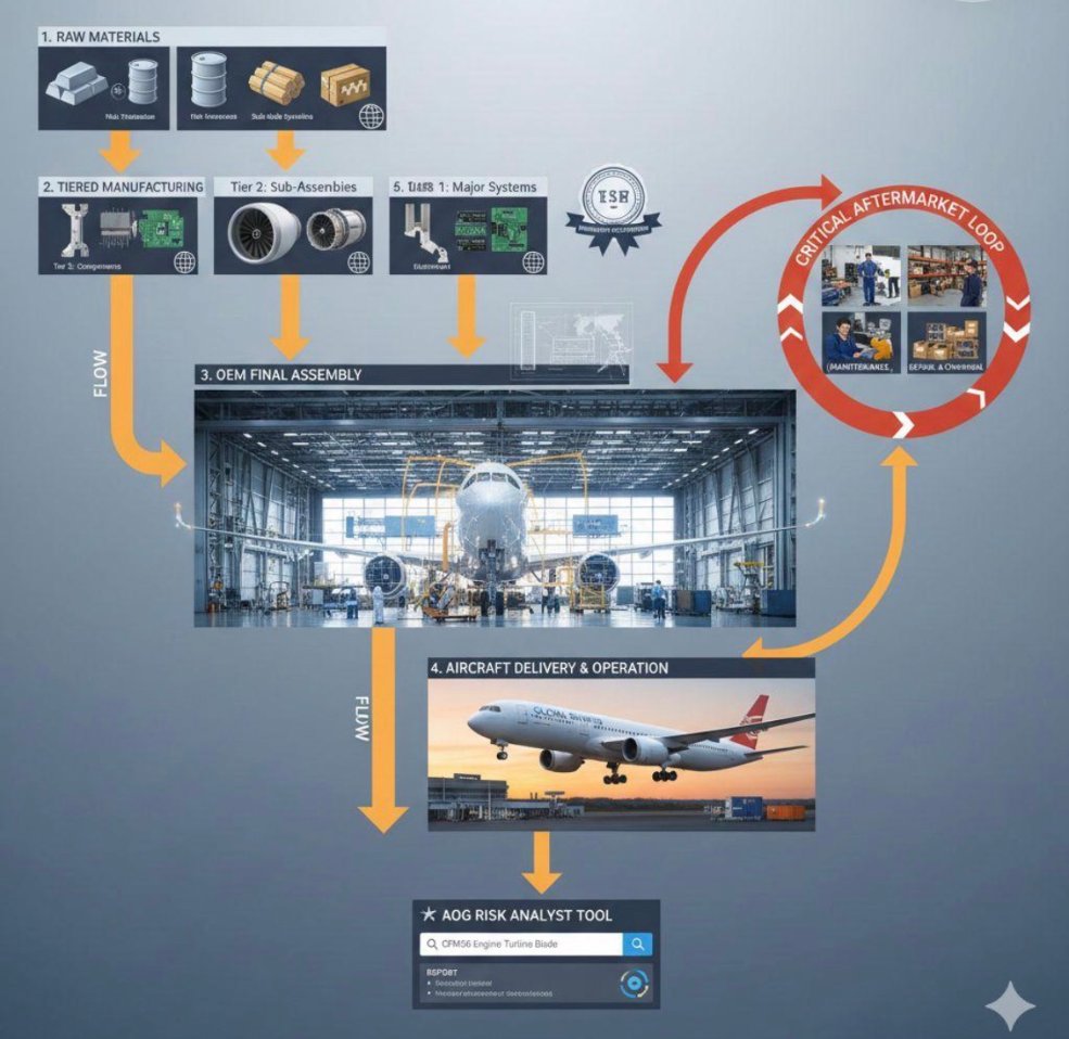 Aerospace value-chain illustration linking suppliers, assembly, aircraft and market participants.