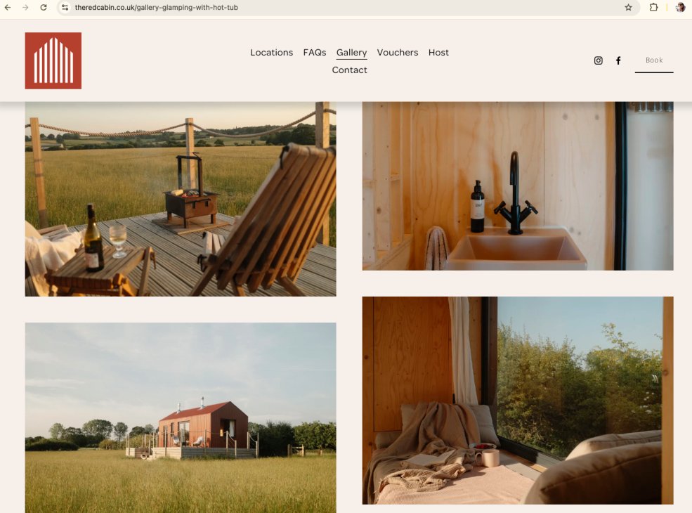 Screenshot of The Red Cabin website showing property photographs and navigation.
