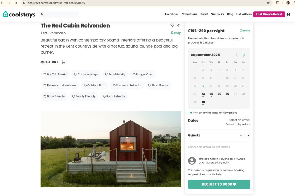 Screenshot of a Coolstays listing for The Red Cabin Benenden, with property details and a booking panel.