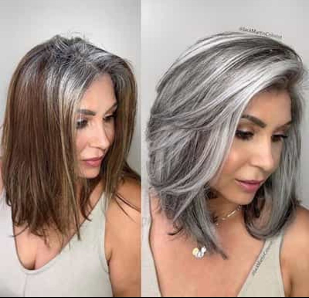 Side-by-side examples of darker hair with grey strands and a silver-grey bob.