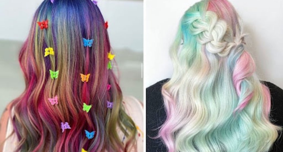 Two examples of brightly coloured hair, including rainbow and pastel styles.