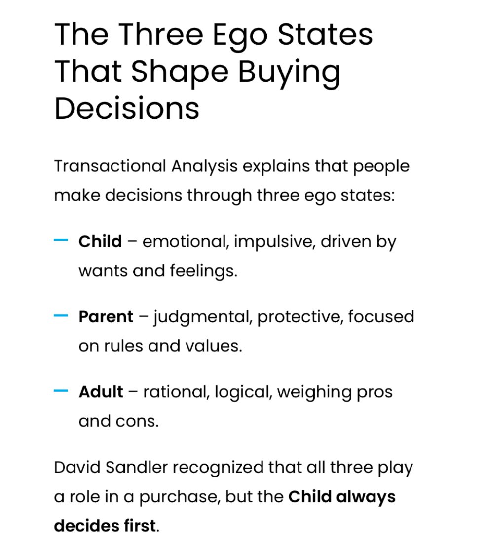 Text graphic describing child, parent and adult ego states in buying decisions.