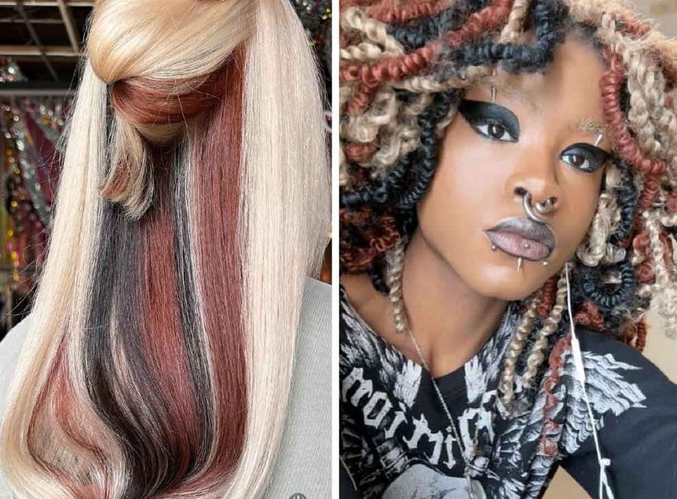Two hair-colour examples, including contrasting pink highlights and coloured braids.