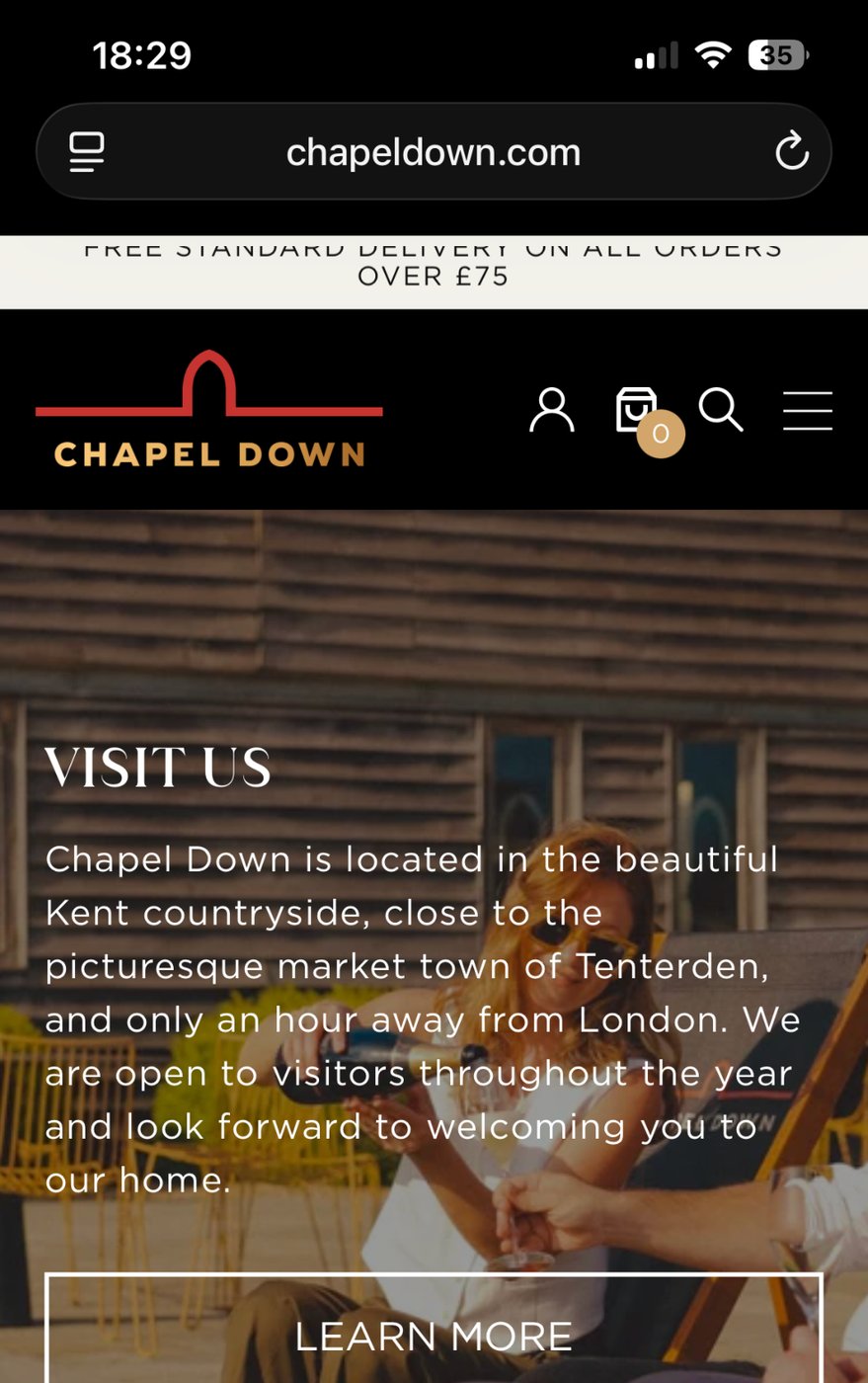 The upper portion of a Chapel Down “Visit us” website screenshot.