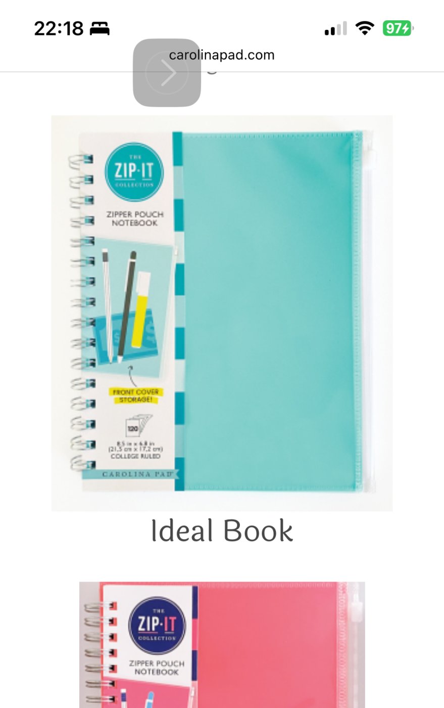 Turquoise zipper-pouch notebook and partial pink notebook