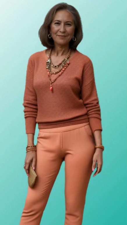Illustrative portrait of a woman in a coordinated peach outfit