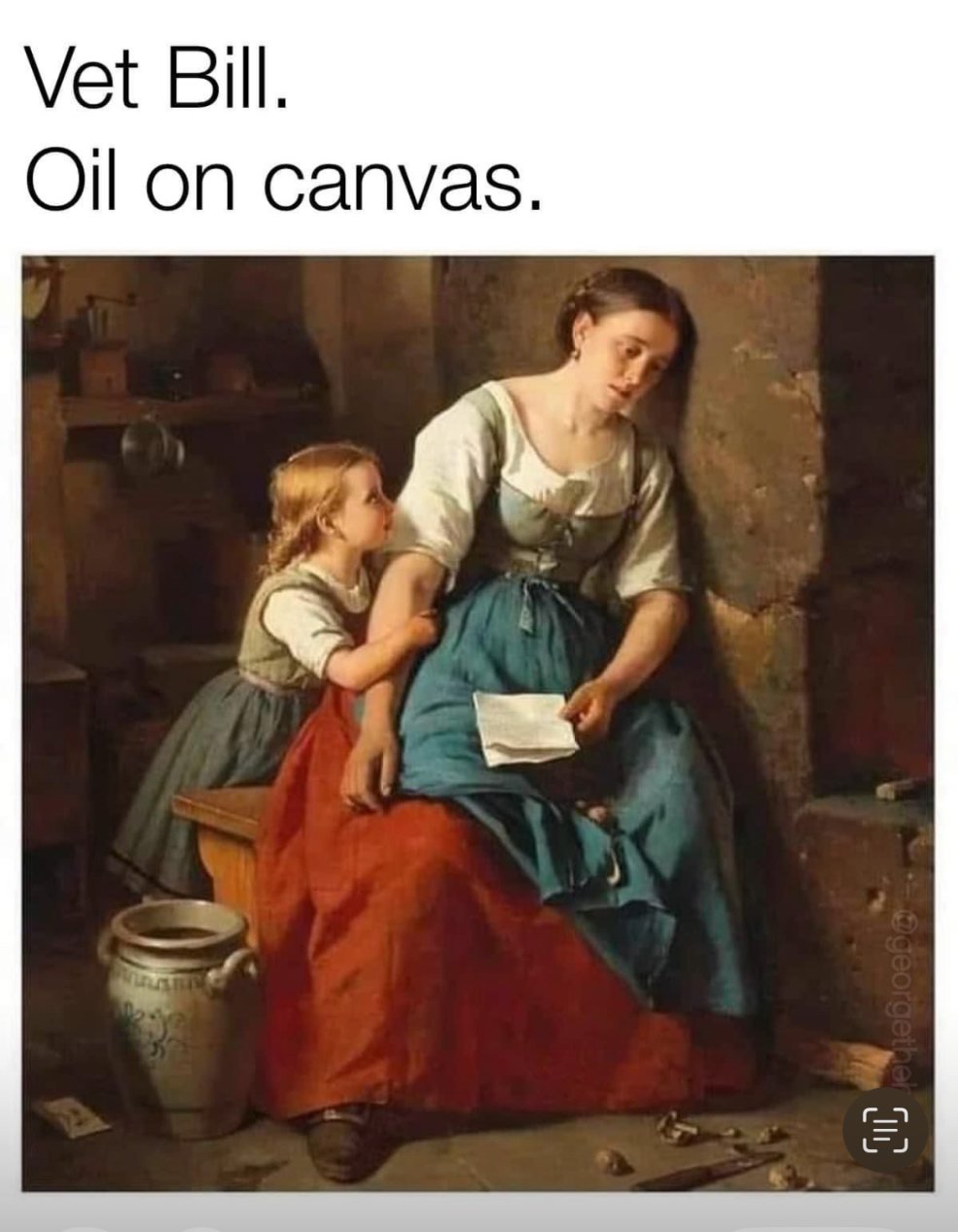 Vet Bill,Oil on canvas meme above a painting of a woman and child
