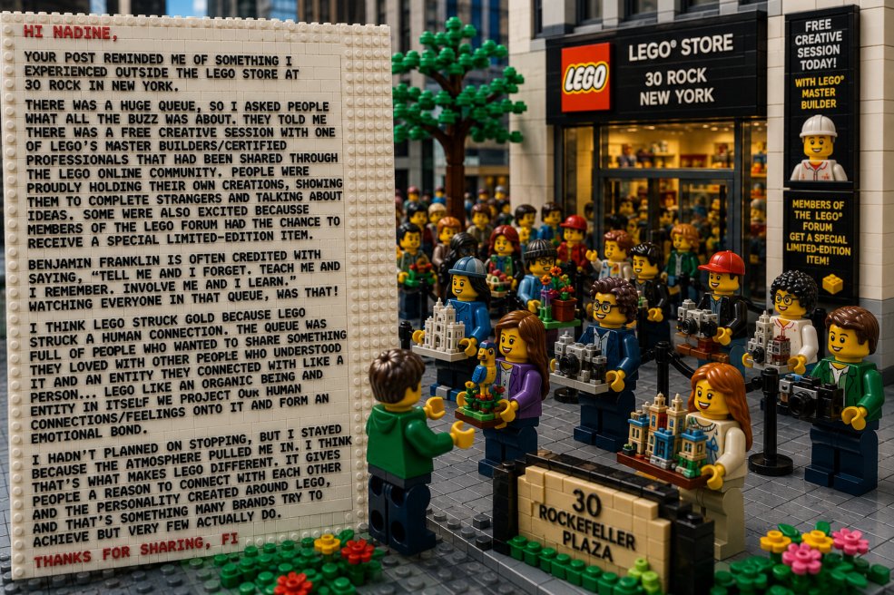 LEGO-styled queue outside a New York store with Fiona’s reflection on a brick panel