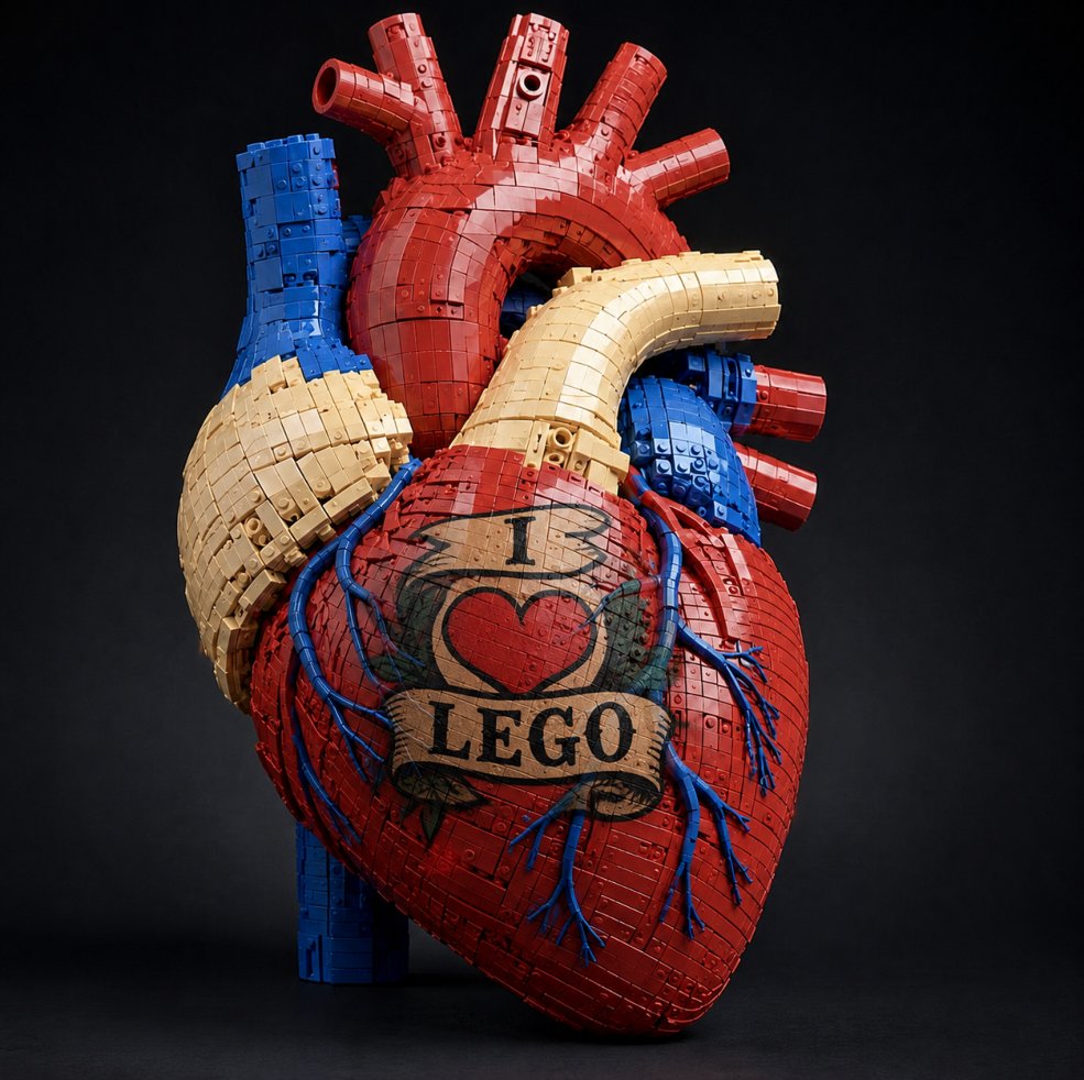 An anatomical heart constructed in a LEGO style with an I love LEGO sign