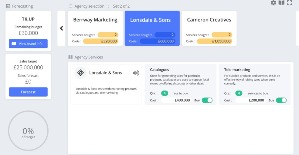 TK.UP simulation screen showing catalogue and telemarketing choices
