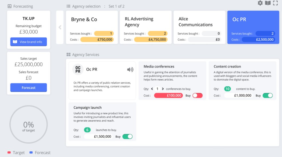 TK.UP simulation screen showing public-relations and content choices