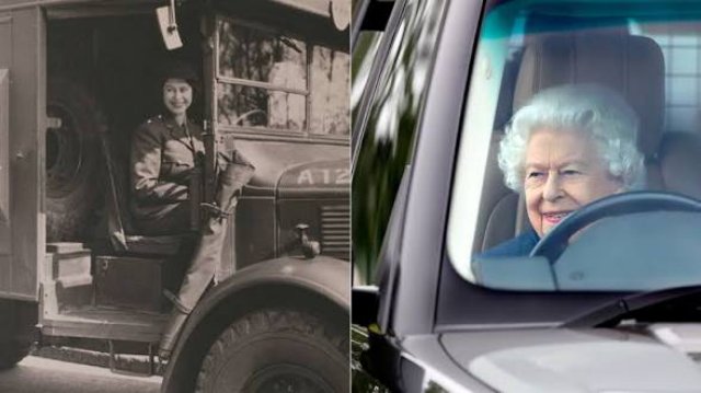 Two historical images of Queen Elizabeth II with Land Rover vehicles.
