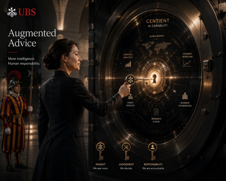 Conceptual UBS Augmented Advice creative with a client and vault.