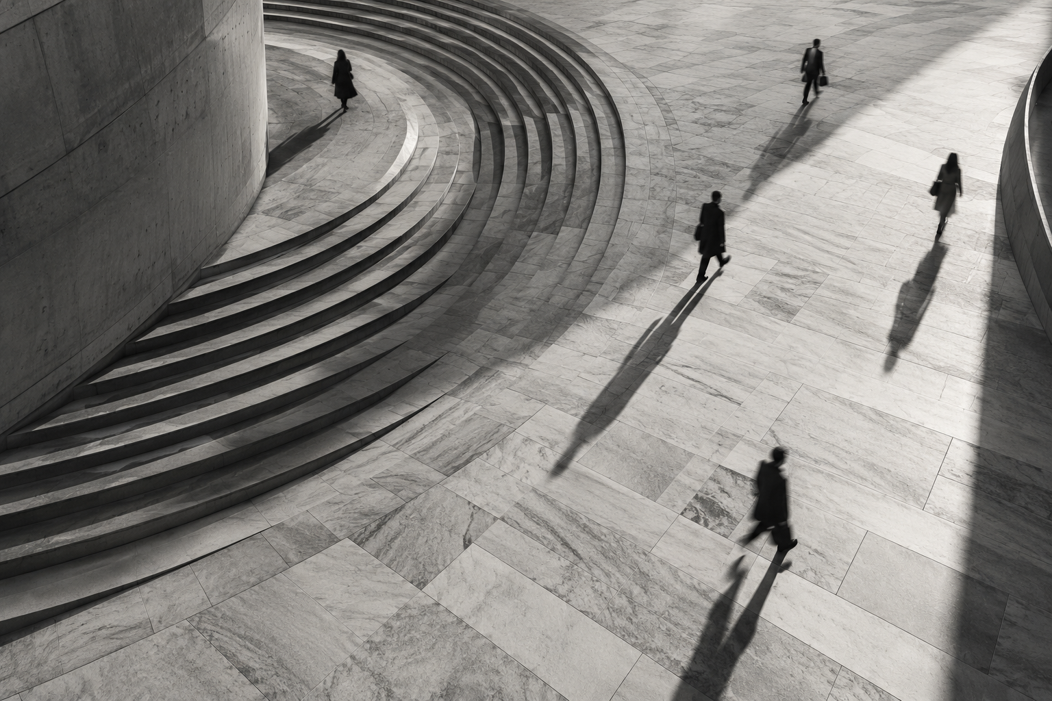 People and long shadows cross a sculptural plaza in a monochrome editorial illustration